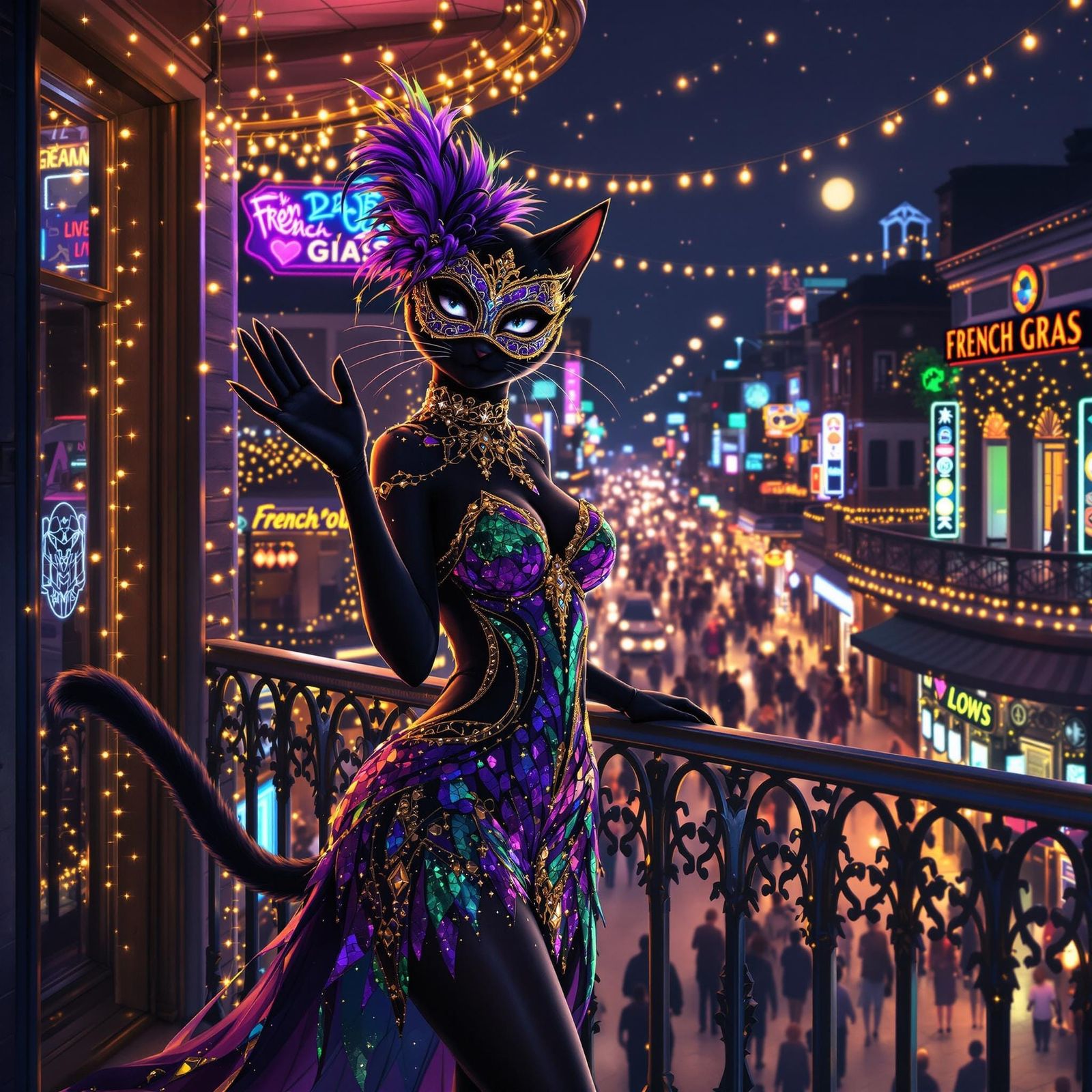 Whimsical Anime Catgirl Celebrates Mardi Gras in New Orleans