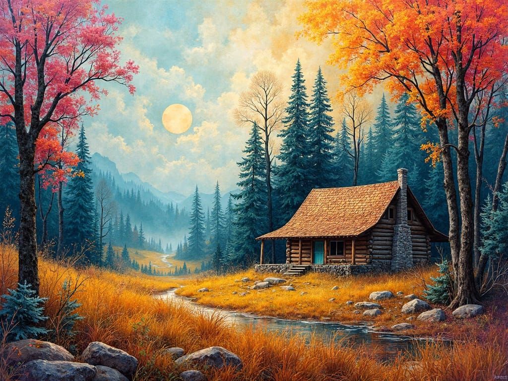 Fractal Landscape with Log Cabin in Zentangle Style