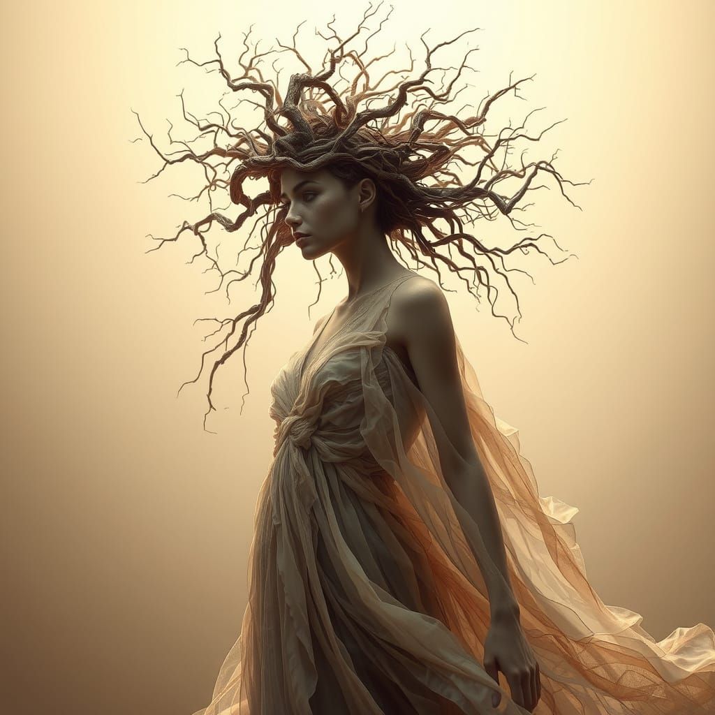 Woman in Organic, Ethereal Landscape, in Dreamlike, Muted Ea...