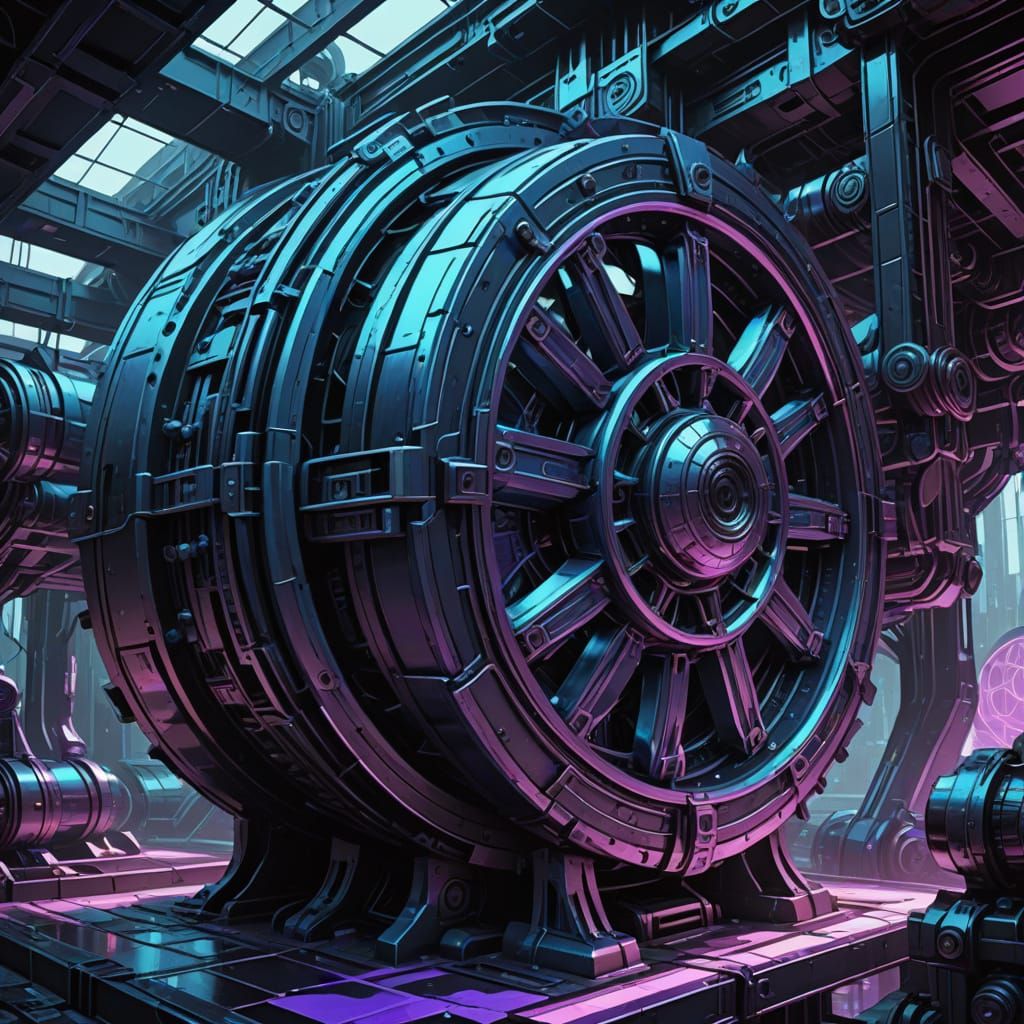Futuristic Waterwheels in Neon Hues