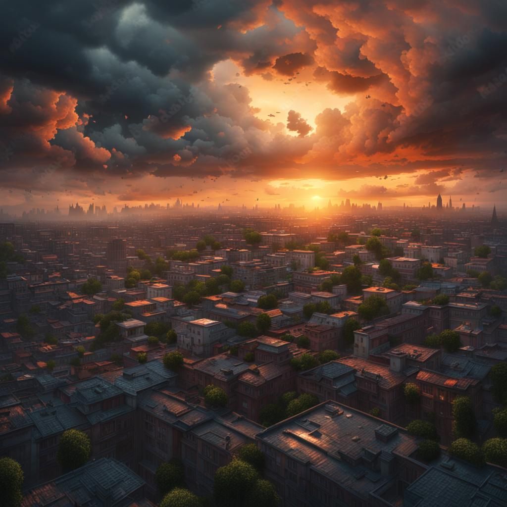 Dramatic Rainy Sunset in Digital Matte Painting Style