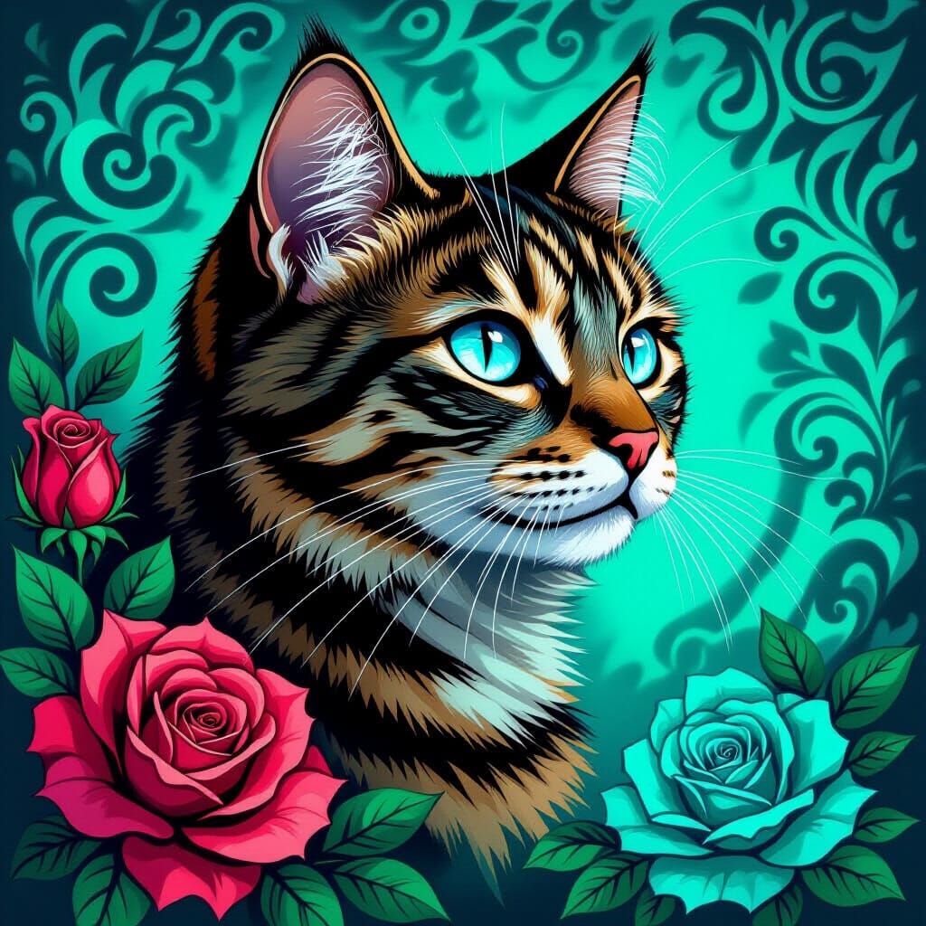 Tabby Cat Portrait with Roses in Neo-Traditional Tattoo Styl...