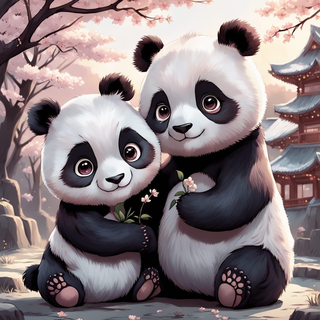 Charming Chibi Panda Bear Couple in Anime-Style Cartoon