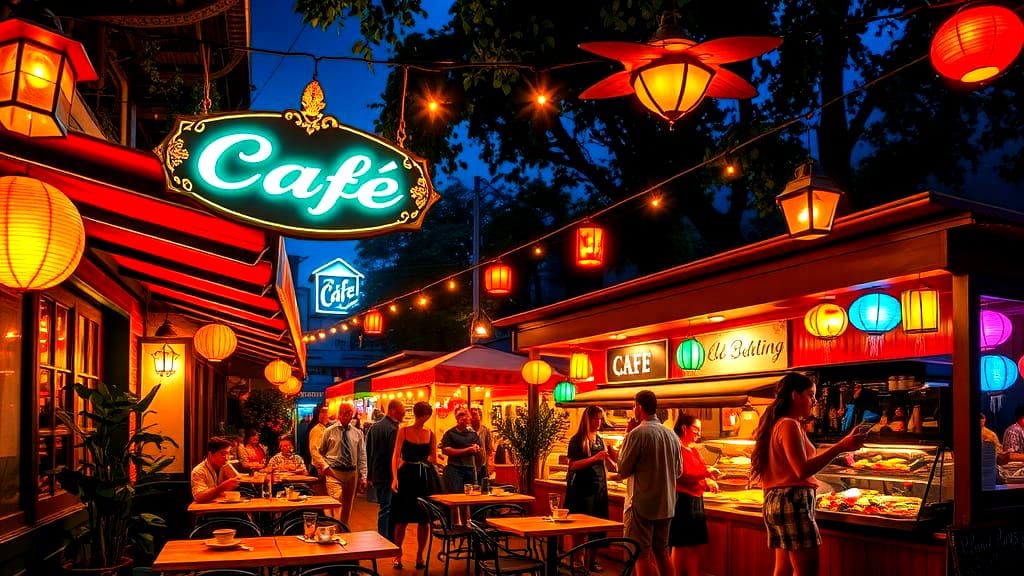 A Vintage Night Café in a Bustling Market Scene