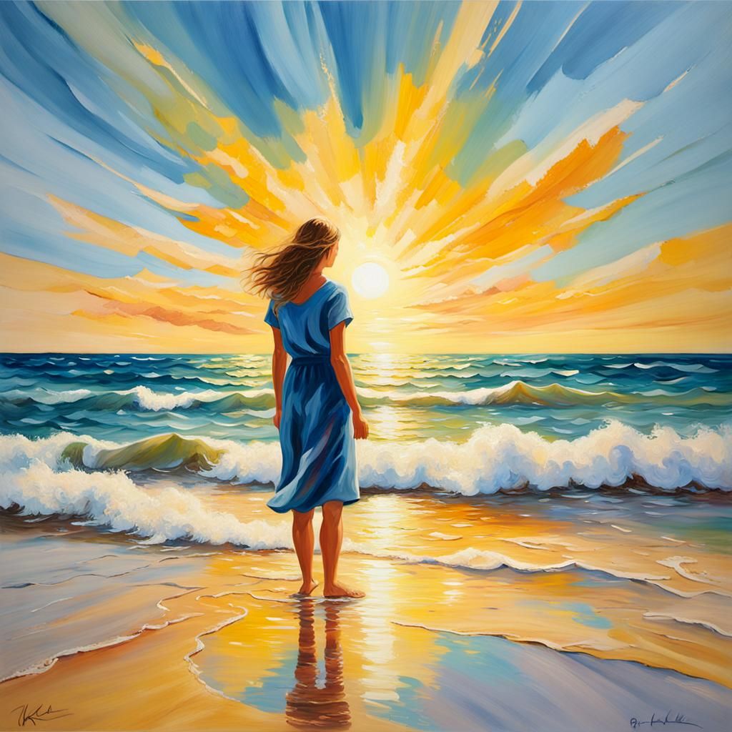 Idyllic Beach Scene in Vibrant Oil Painting Style