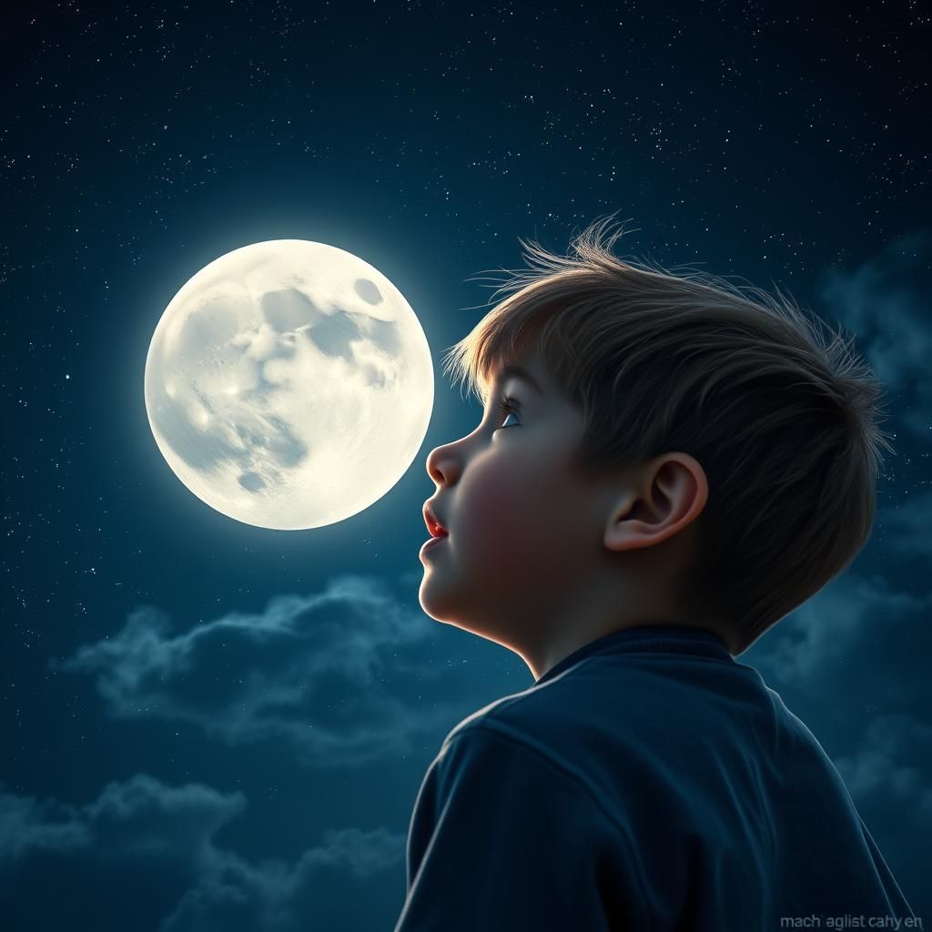 Boy Watches Super Moon Lunar Eclipse at Night