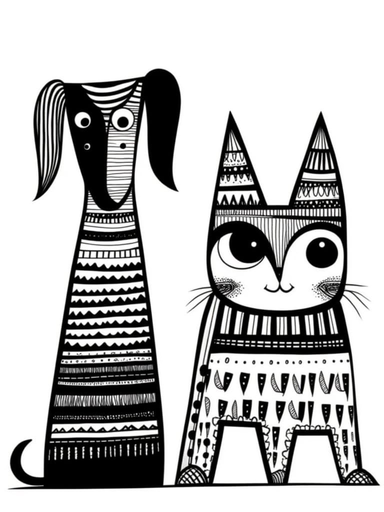 Bold Black-and-White Surreal Zentangle Illustration of a Dog...