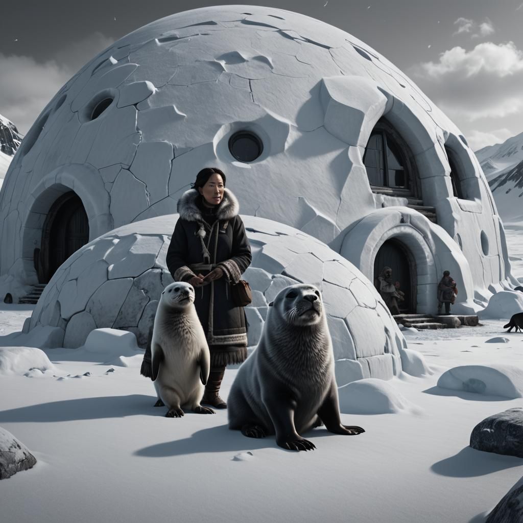 Inuit Woman with Seal: Matte Black and White Painting