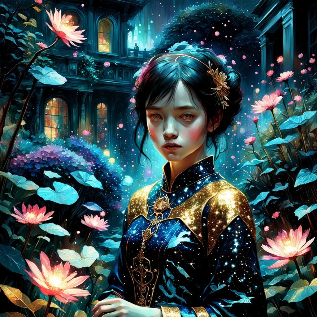 Glittering Midnight Garden with Intricate Details