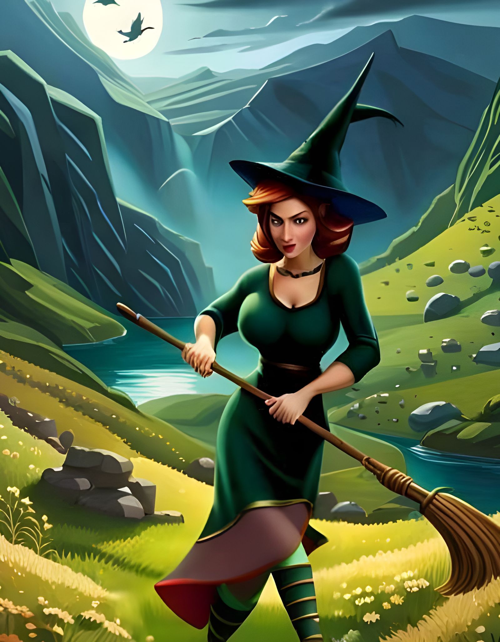 Scottish Witch with Broomstick in Pixar Style
