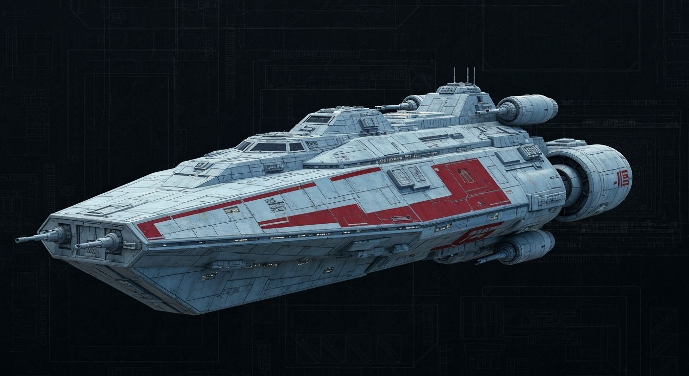 Bulky Warship in Industrial Sci-Fi Style