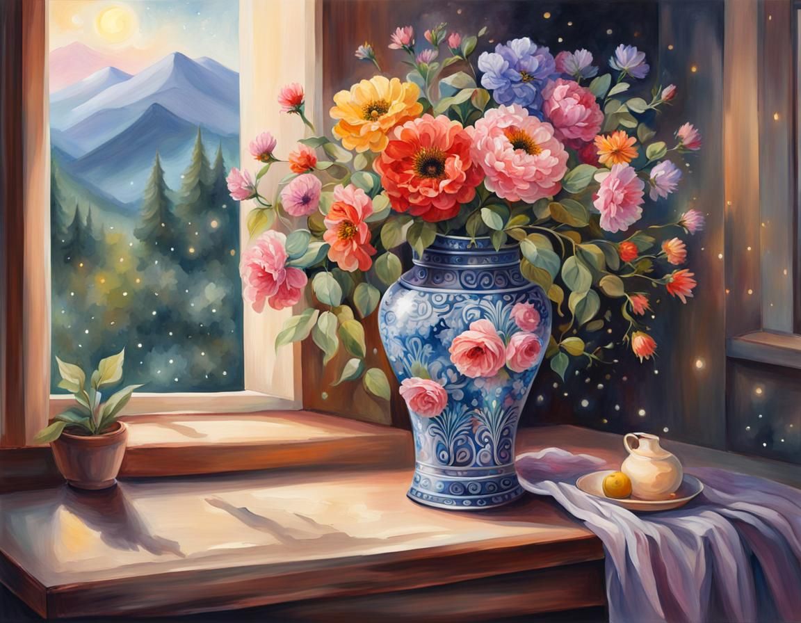 Ornate Flower Vase Oil Painting on Balcony