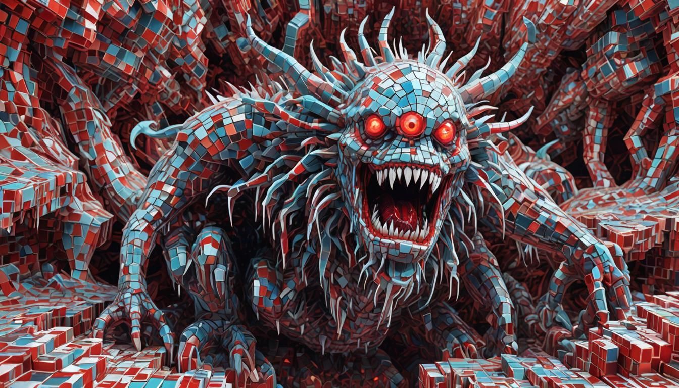 Icy Electric Mosaic Monster in Glitched 3D World