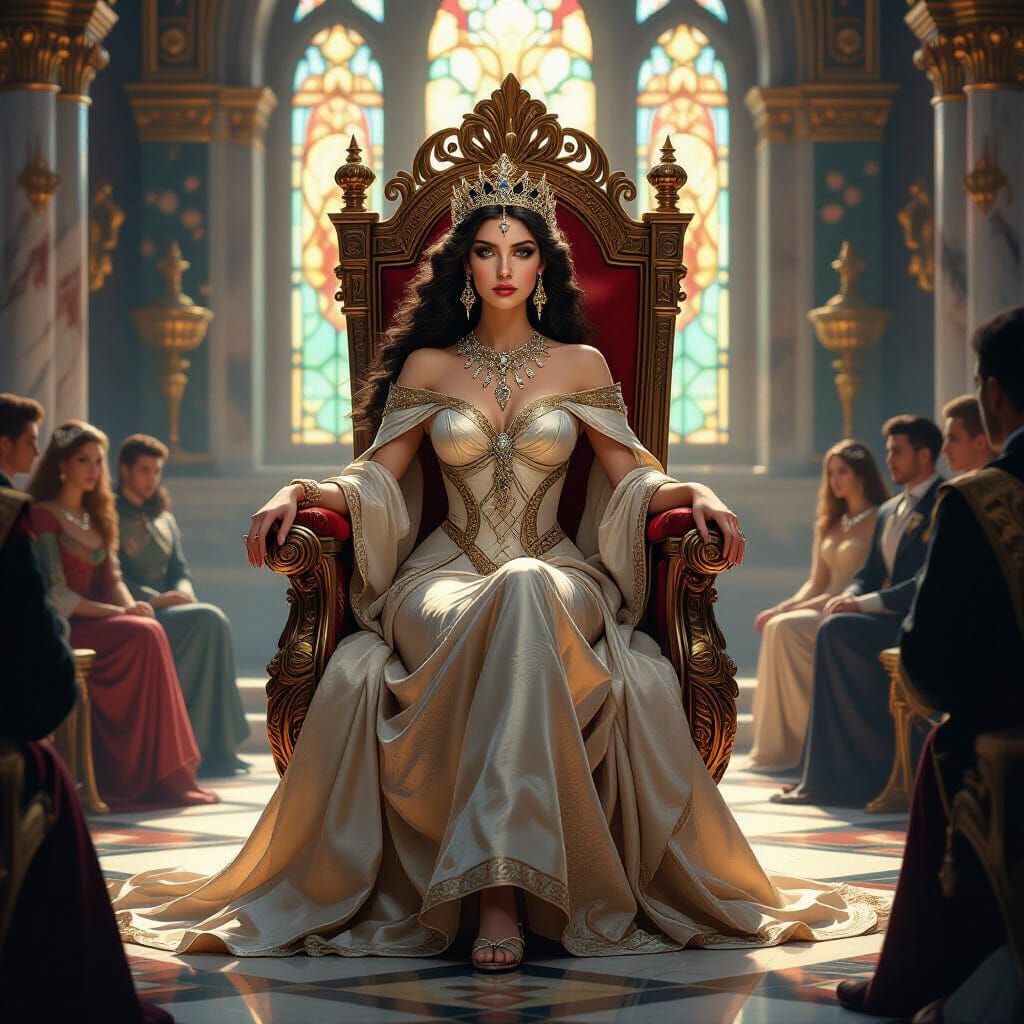 Majestic Queen in Opulent Throne Room, Art Nouveau Style