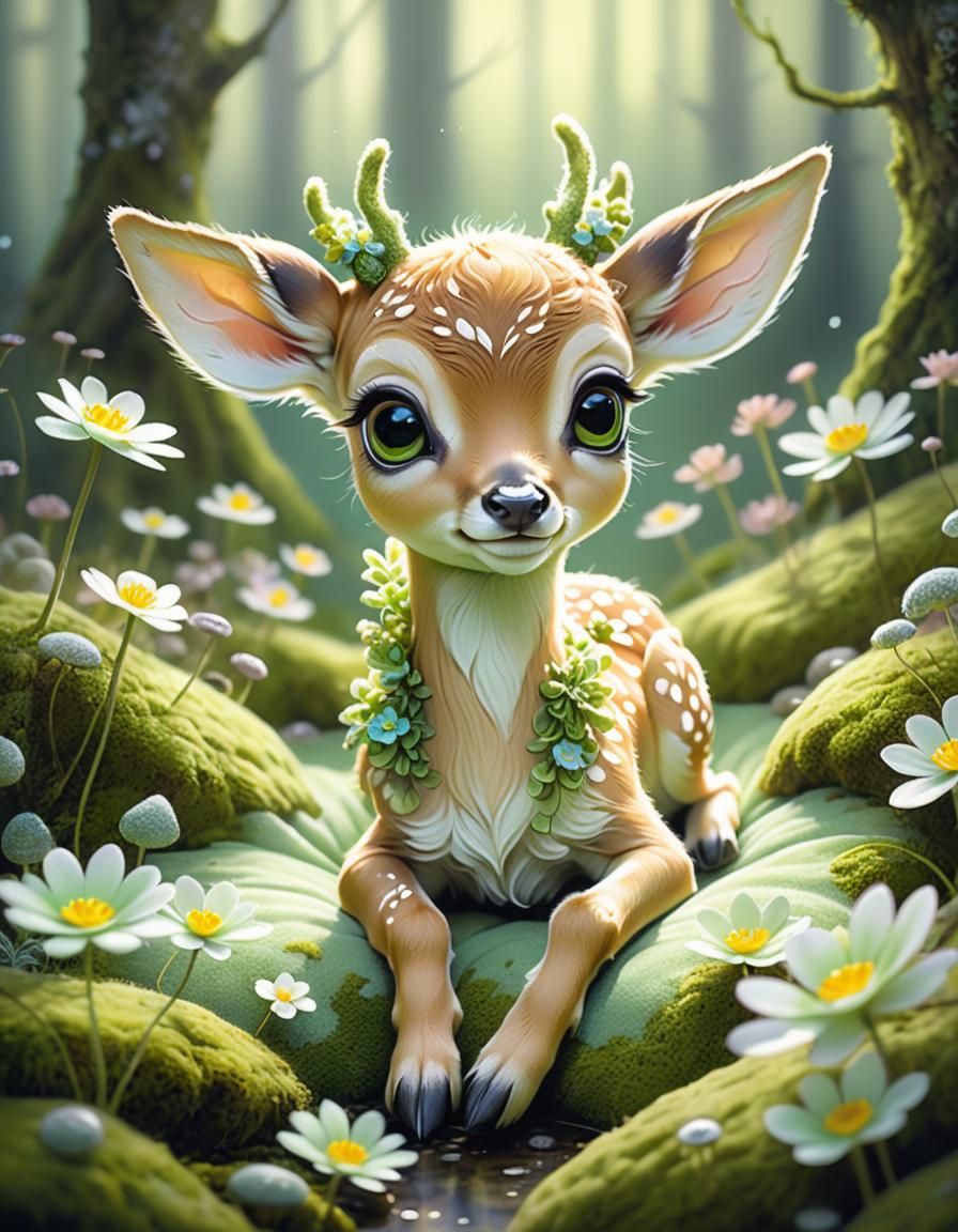 Dreamlike Fawn with Flower in Pastel Colors