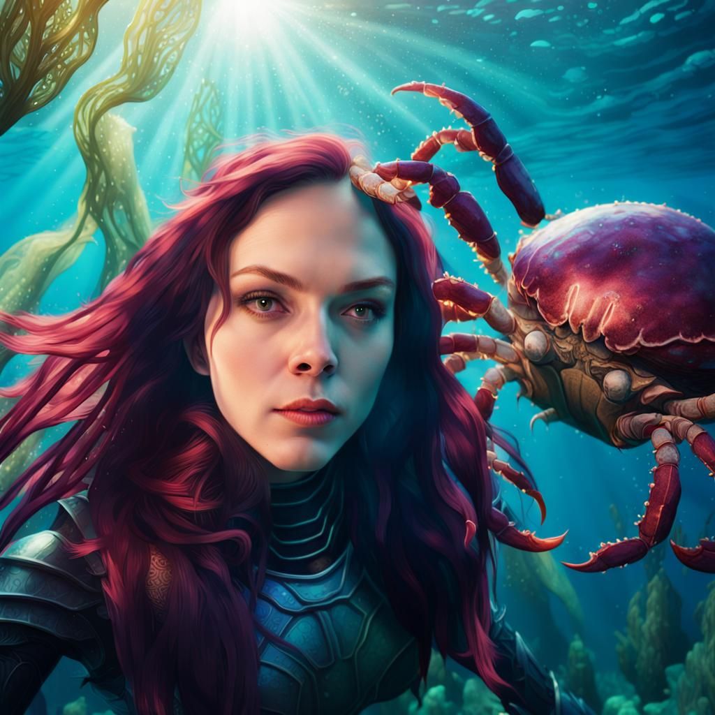 Underwater Armored Woman's Battle with Giant Crab