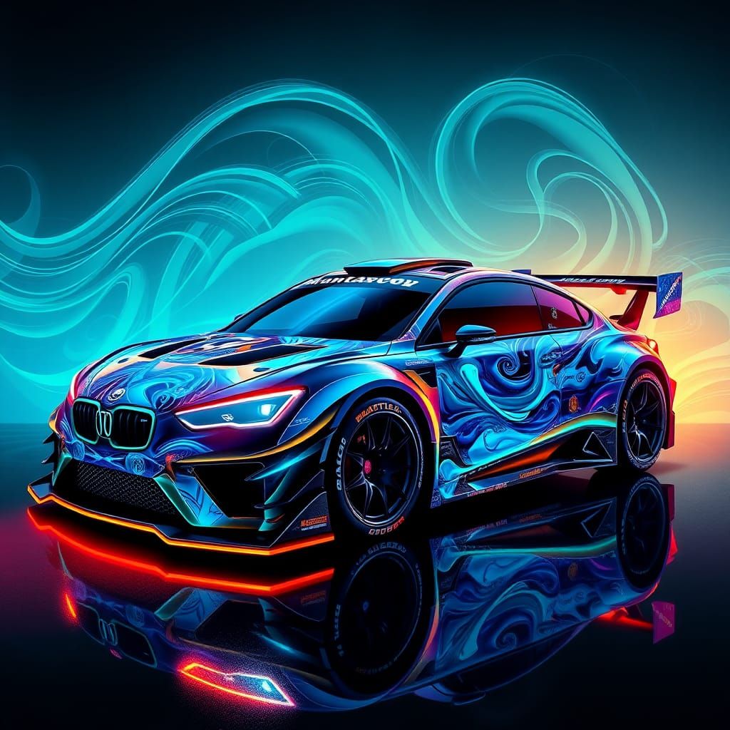 Rally car wrapped in "mantaray" artwork