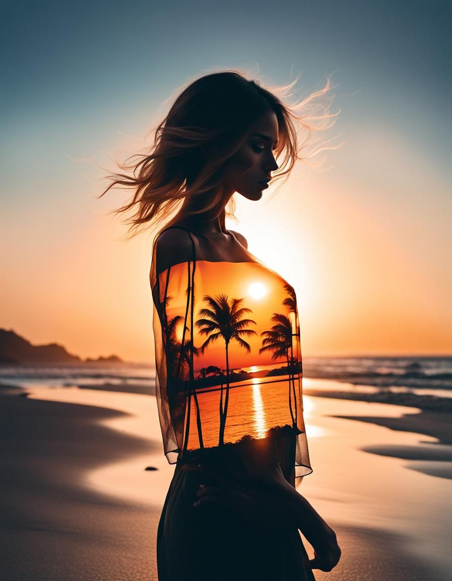 Sunset Beach Silhouette: A Double Exposure Photograph