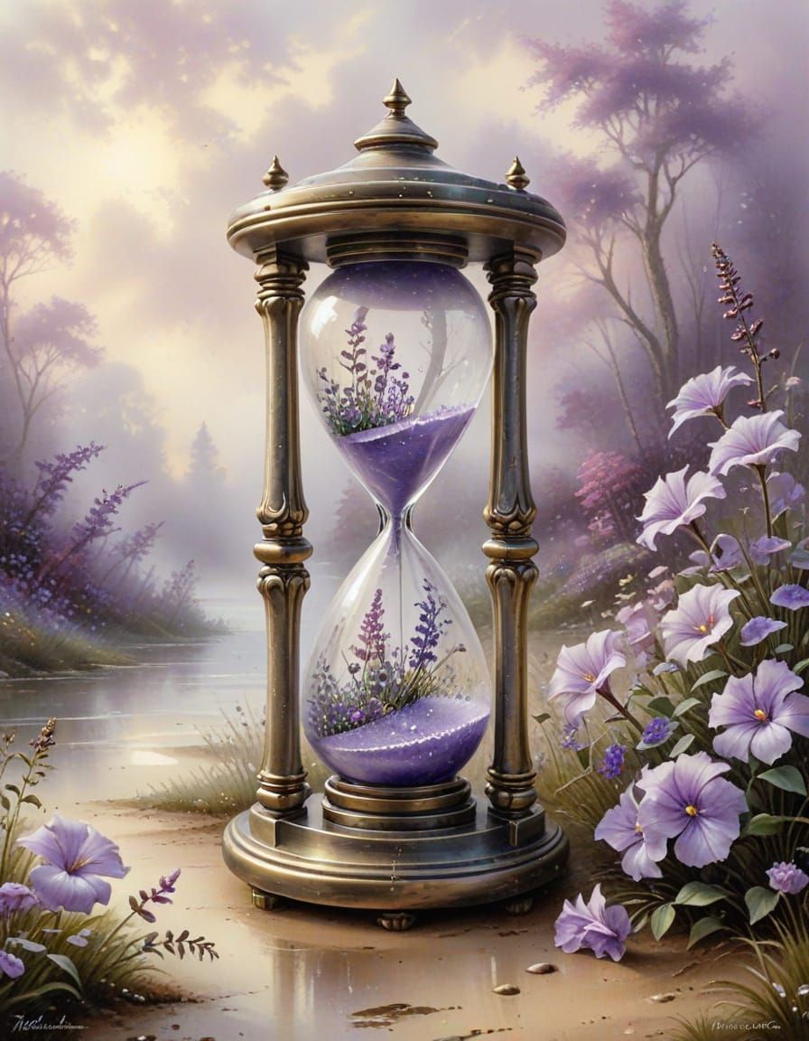 Antique Hourglass with Pale Purple Flowers in Watercolour