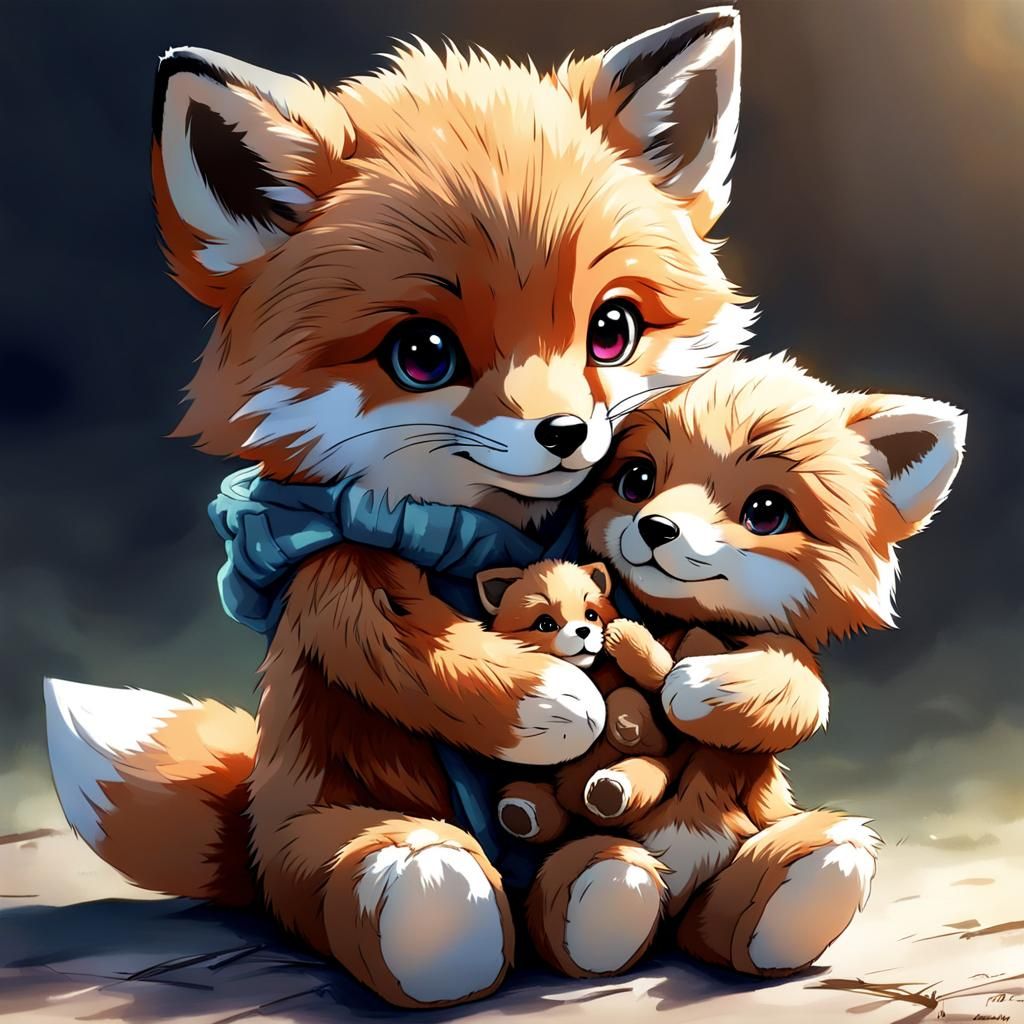 Anime Style: Adorable Fox with Teddy Bear