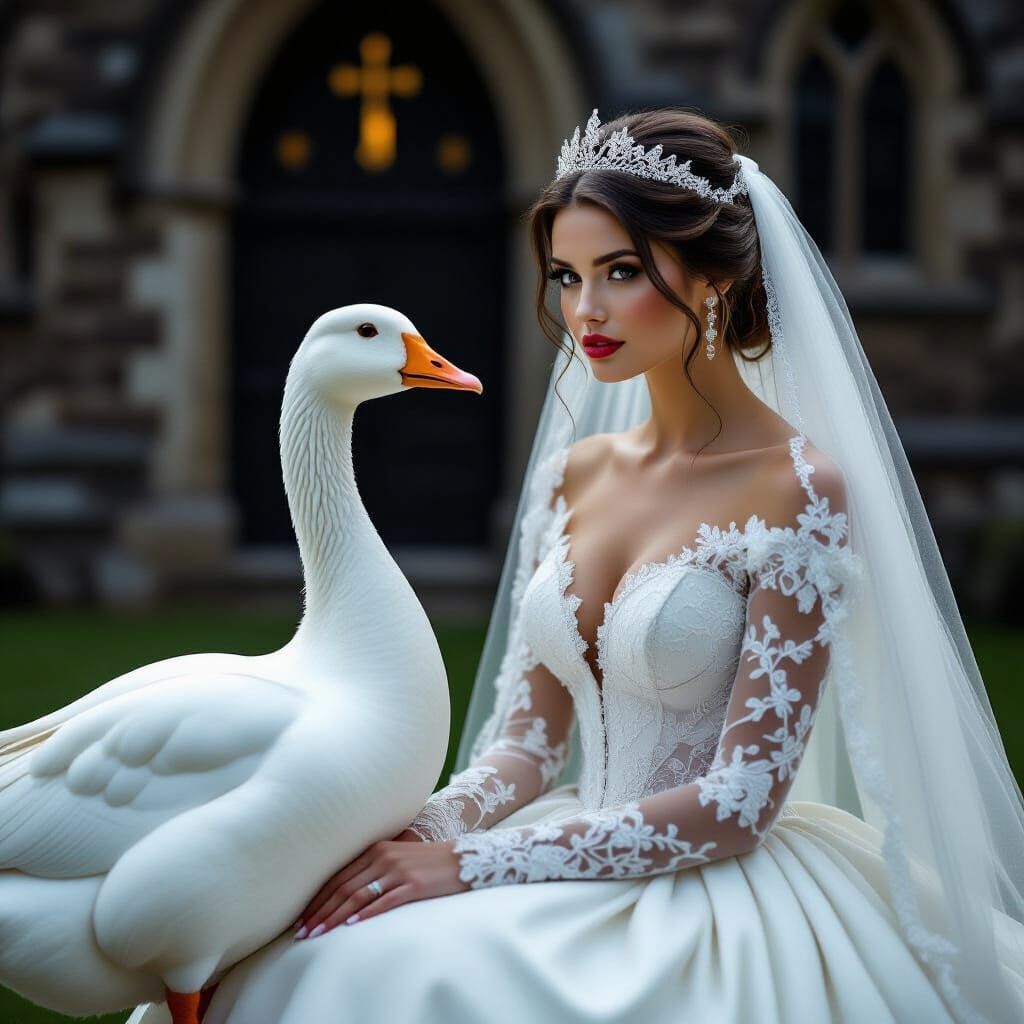 Gothic Bride with Goose in Church Setting