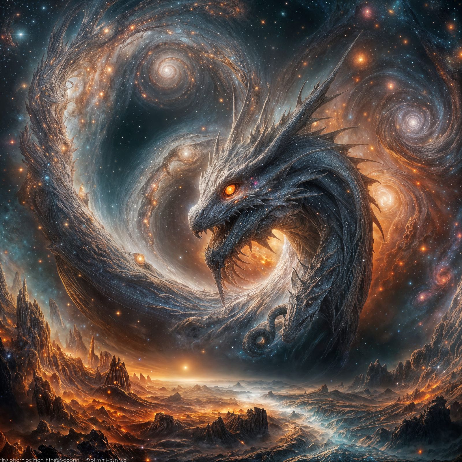 Cosmic Dragon Coiled Around Nebula in Surreal Landscape