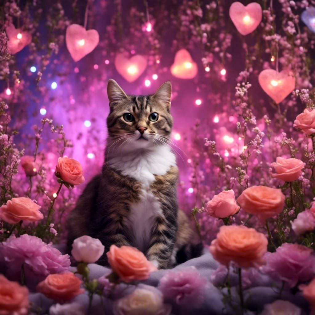Cute Cat with Flowers and Heart Lights