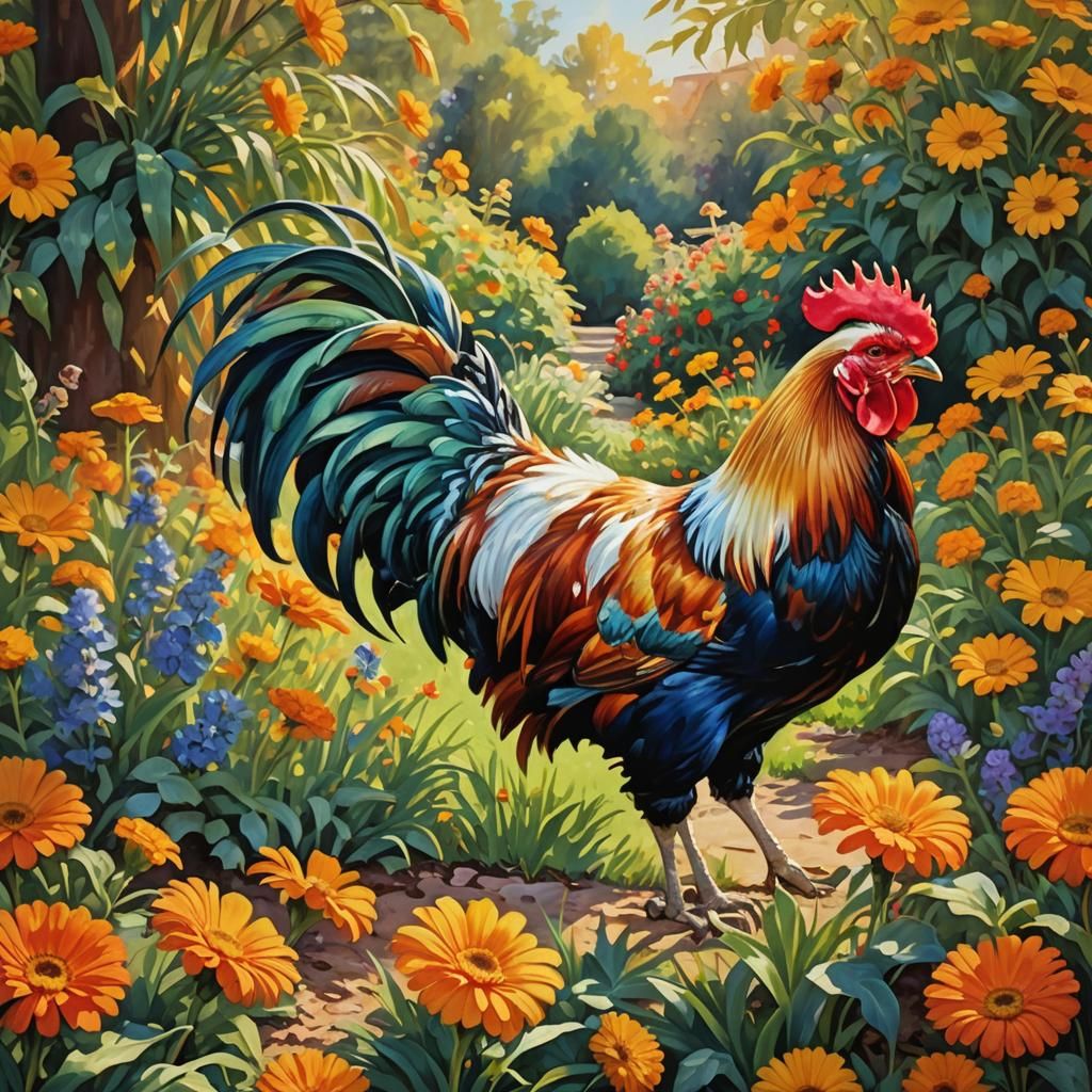 Rooster in Vibrant Garden: An Impressionist Oil Painting