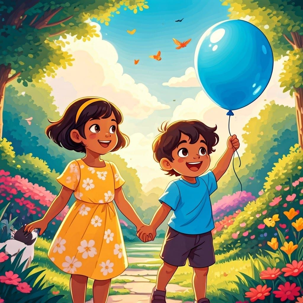 Whimsical Cartoon Illustration of Sibling Duo in a Vibrant G...