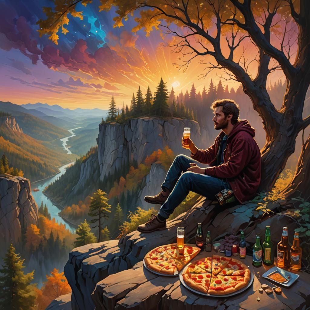 Mystical Forest: Man Enjoying Beer and Pizza