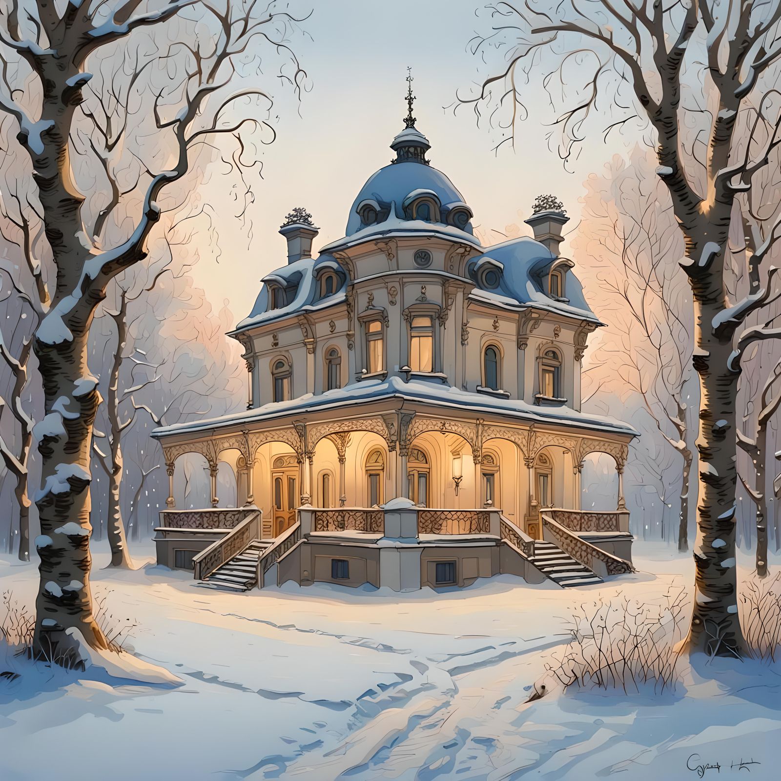 Snowy Rococo Lodge in Bucharest: Klimt-Inspired Gouache