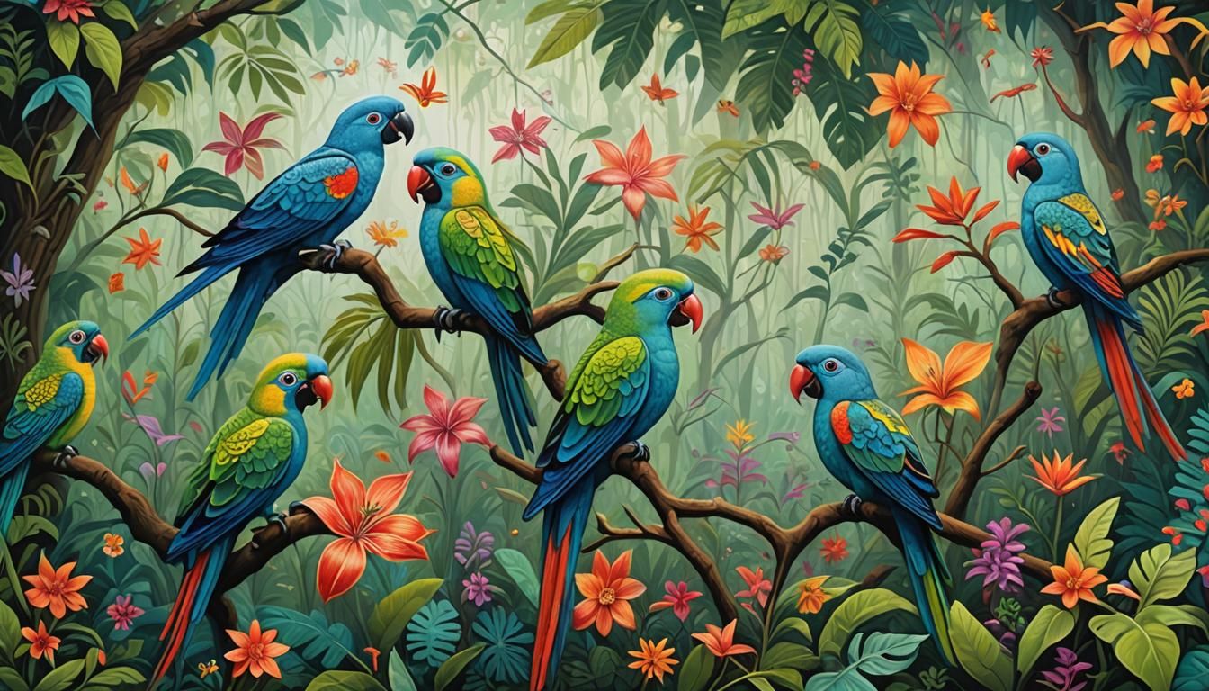 Alebrije Parrots in Enchanted Rainforest: Lowbrow Art