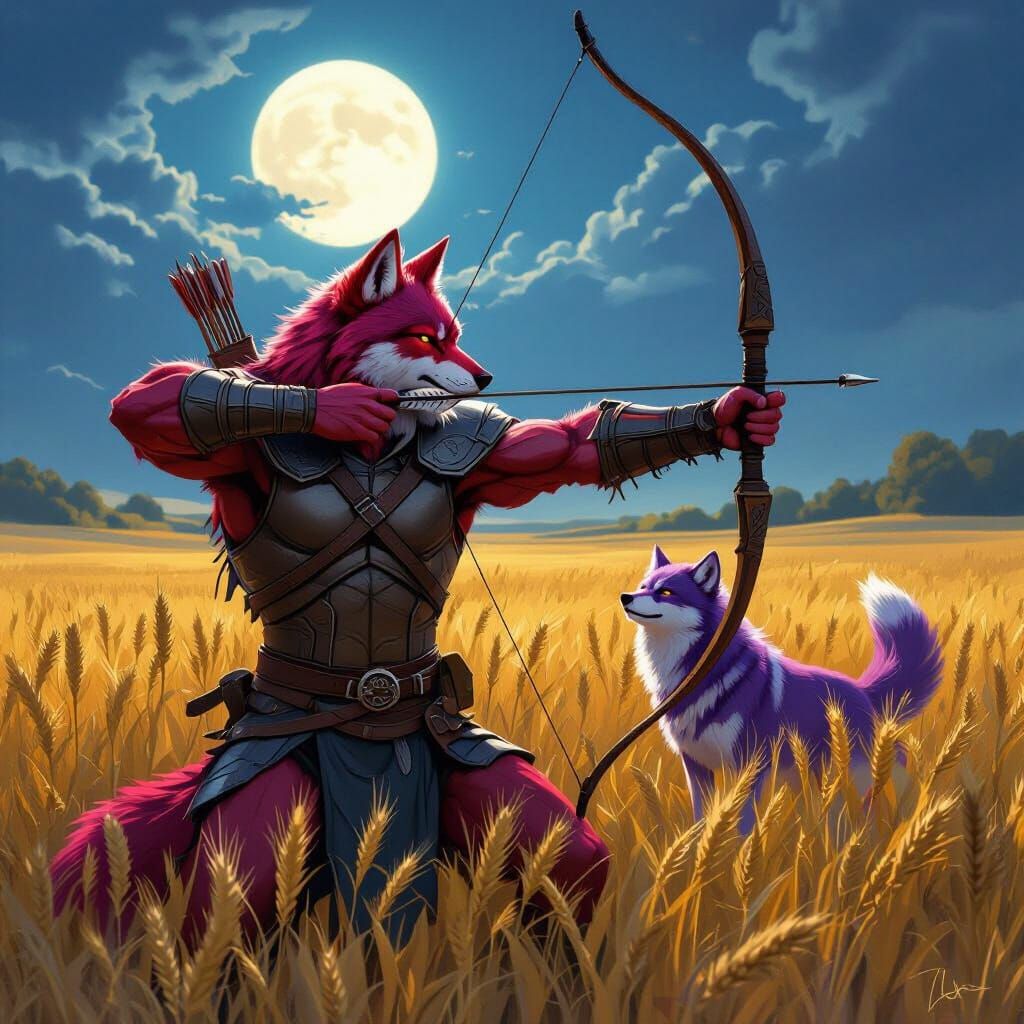 Red Wolf Archer in Moonlit Wheat Field