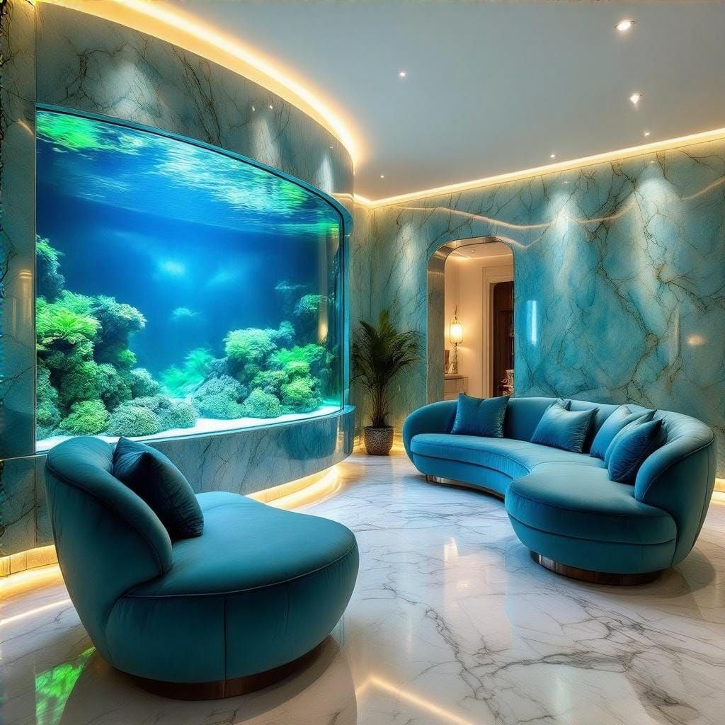 Futuristic Oasis with Iridescent Marble and Lush Greenery