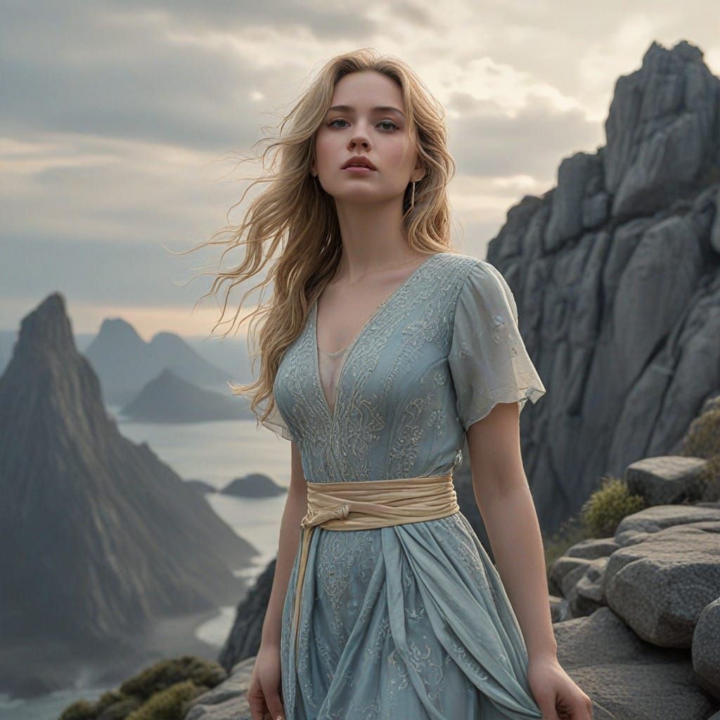 Surreal 1920s-Style Lady Adorns Rocky Landscape in Elegant G...