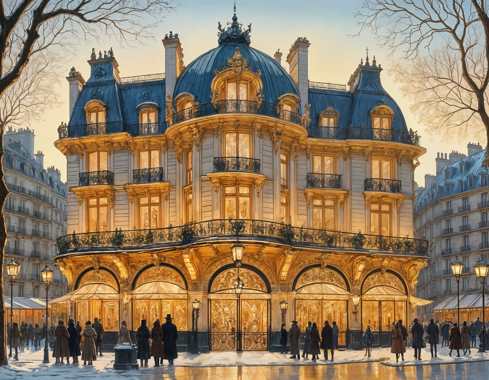 Elegant Belle Epoque Palace at Parisian Entrance in Winter