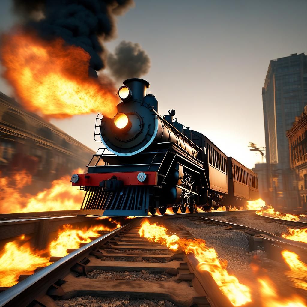 Fire-Breathing Runaway Train in Photorealistic Style