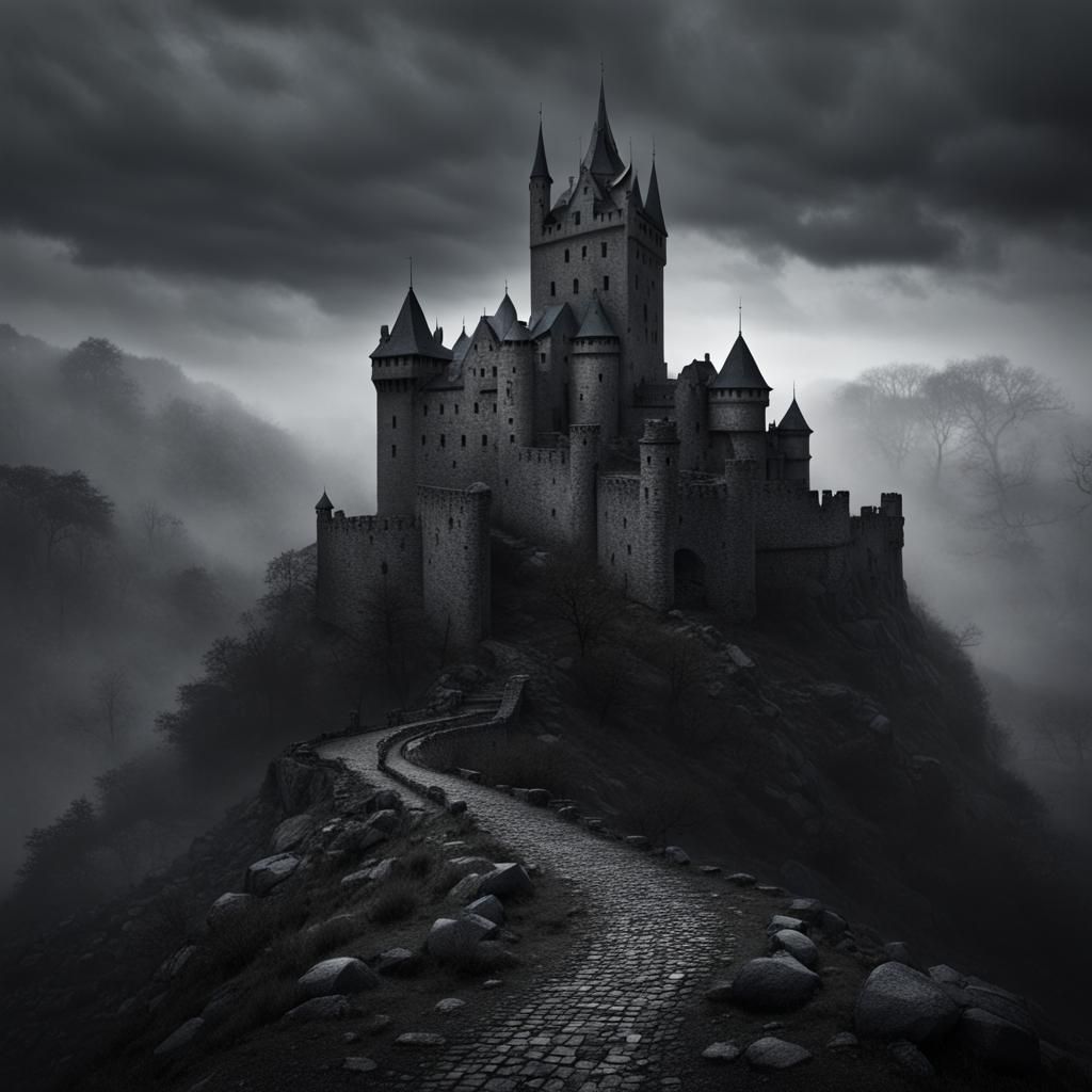 Gloomy Dark Castle on Mountain