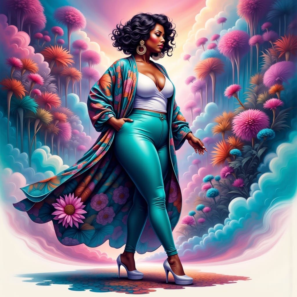 Stylized Cartoon of Confident Plus-Size Black Woman in Profi...