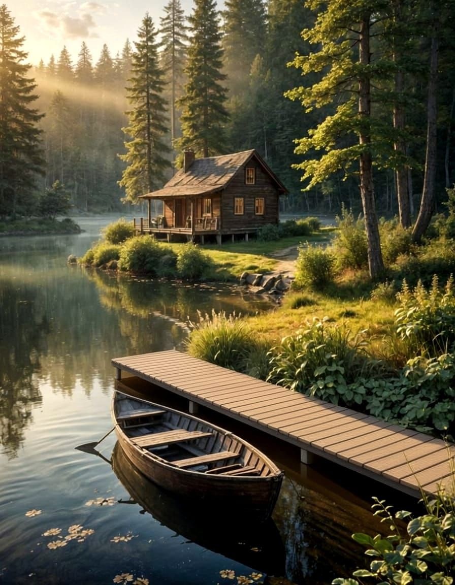 Serene Cabin by Misty Lake at Dawn