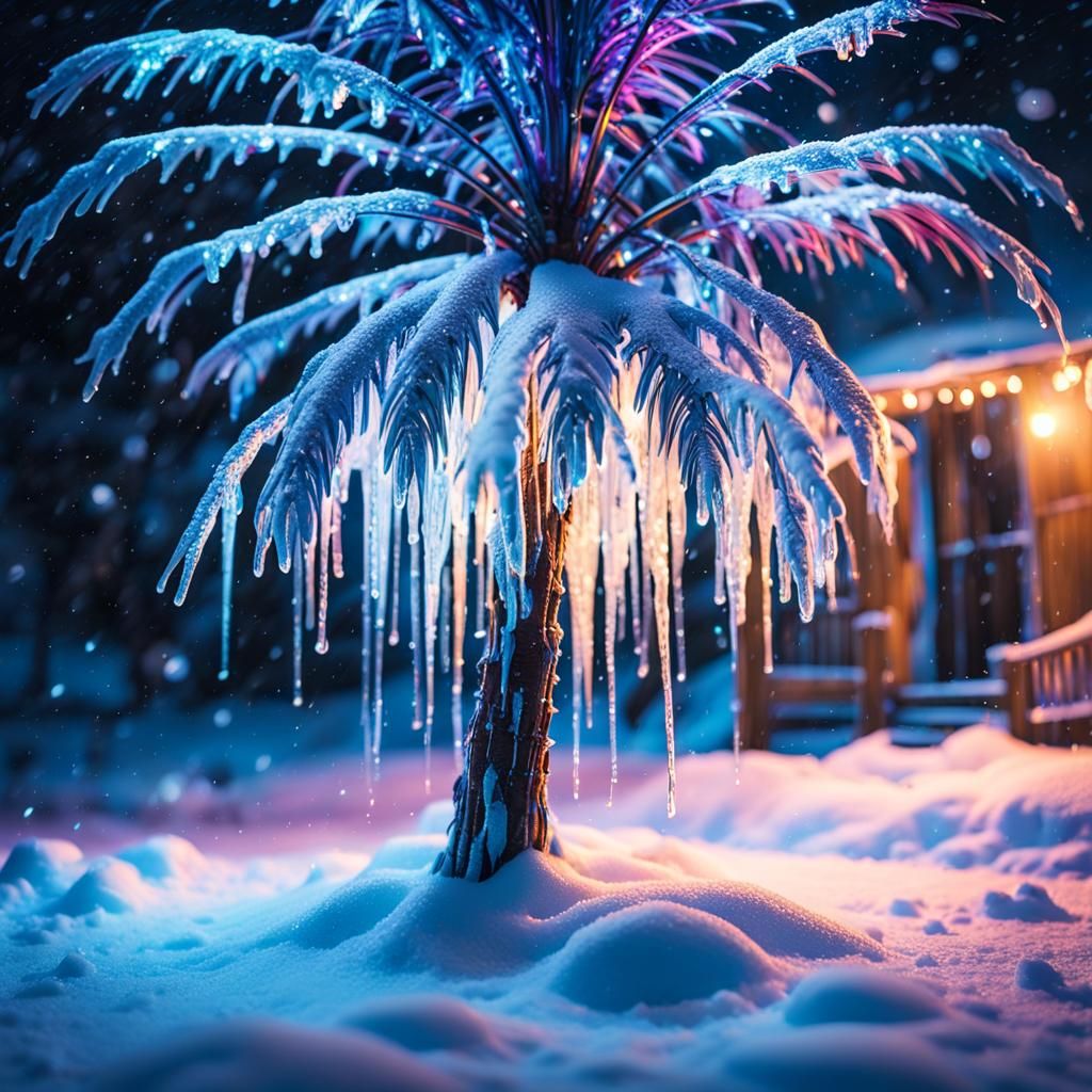 Icy Palm Tree with Fairy Lights in Photorealism