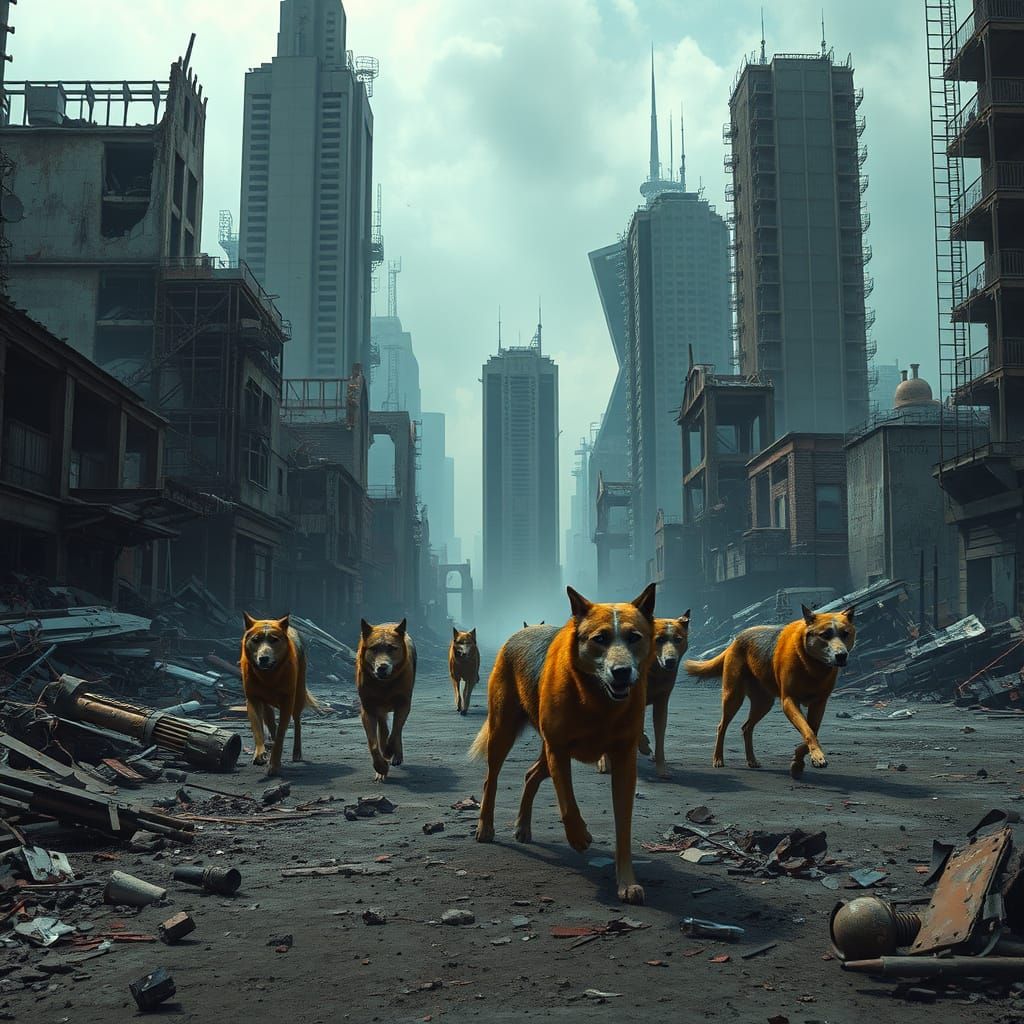 Wild Dogs Roam Post-Apocalyptic Cityscape in Cyberpunk Reali...