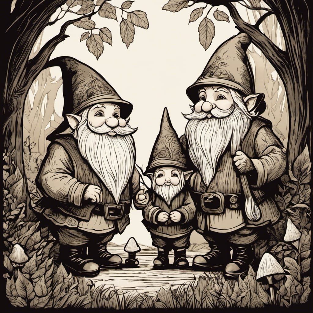 Gnome Family in Forest, Graphite Art Style