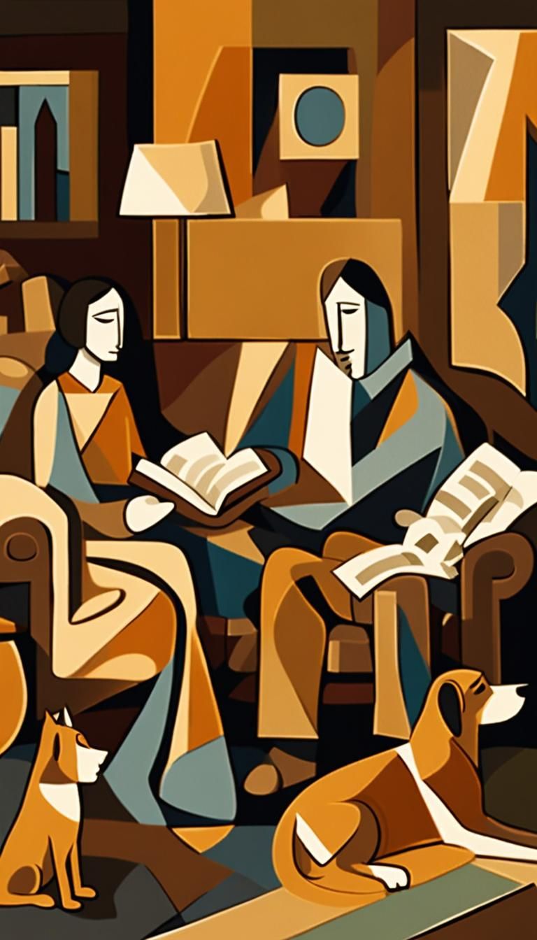 Cubist Family Gathered in Cozy Living Room