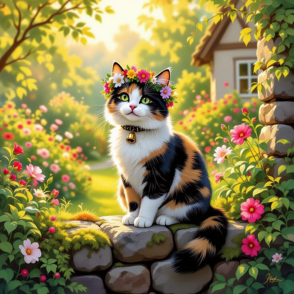 Calico Cat in Cottage Garden, Painterly Style