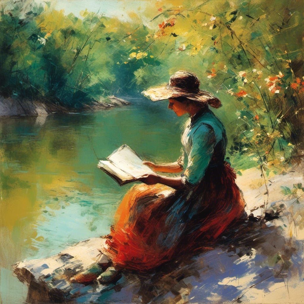 Woman Reading Book by River