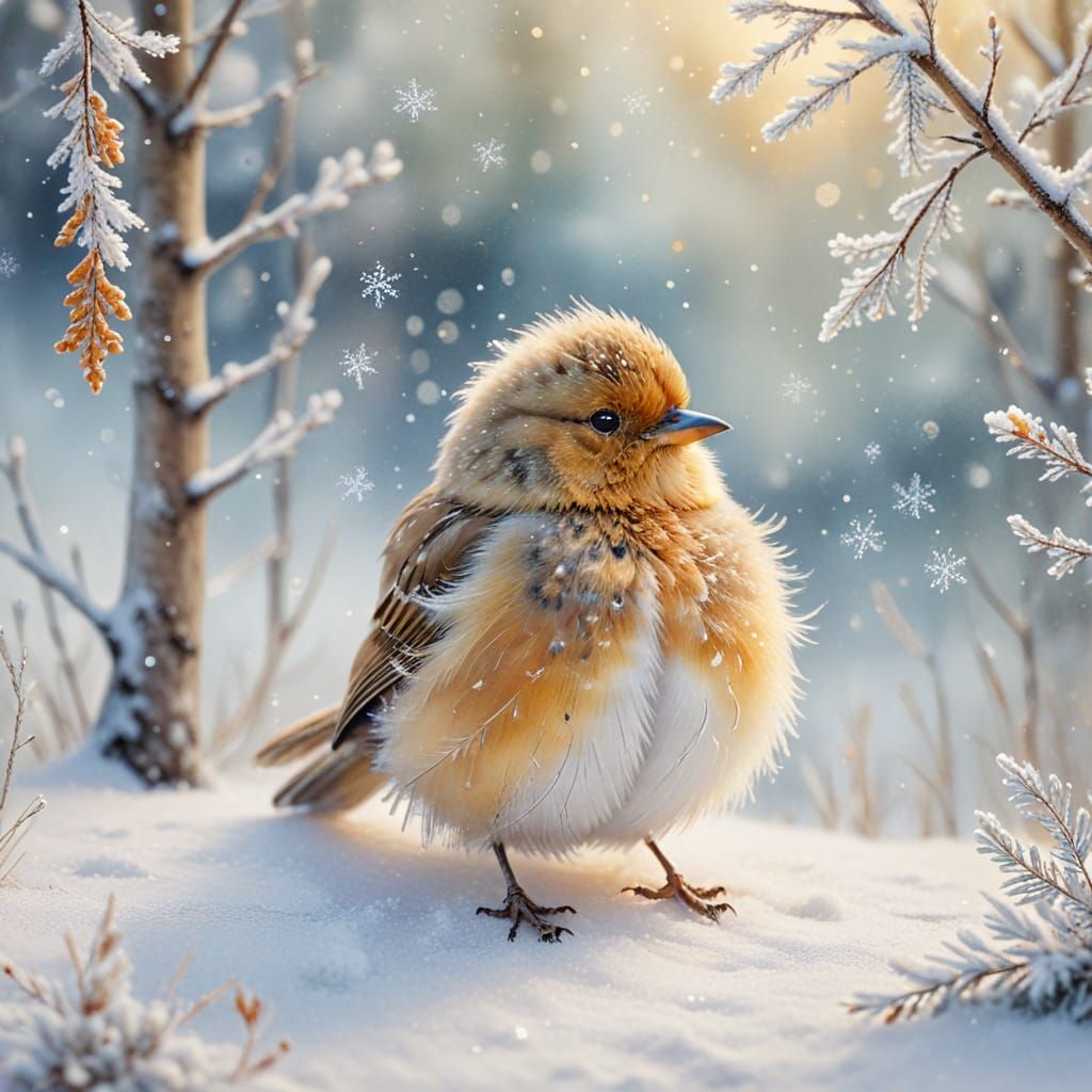 Whimsical Watercolor Bird in Winter Wonderland
