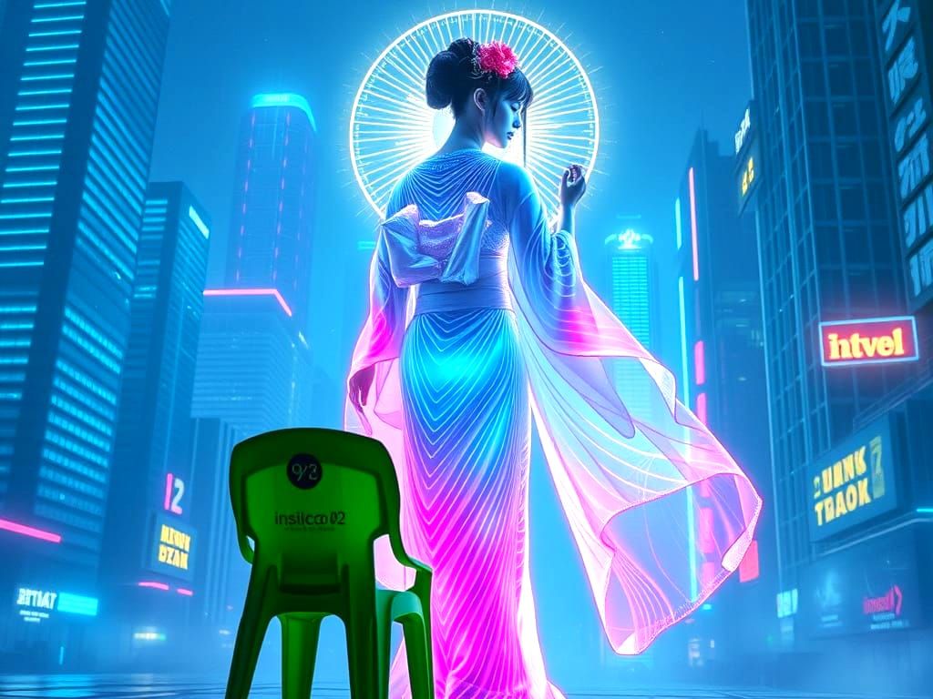 Ethereal Geisha Ad in Neon Futurism with 02 Chair