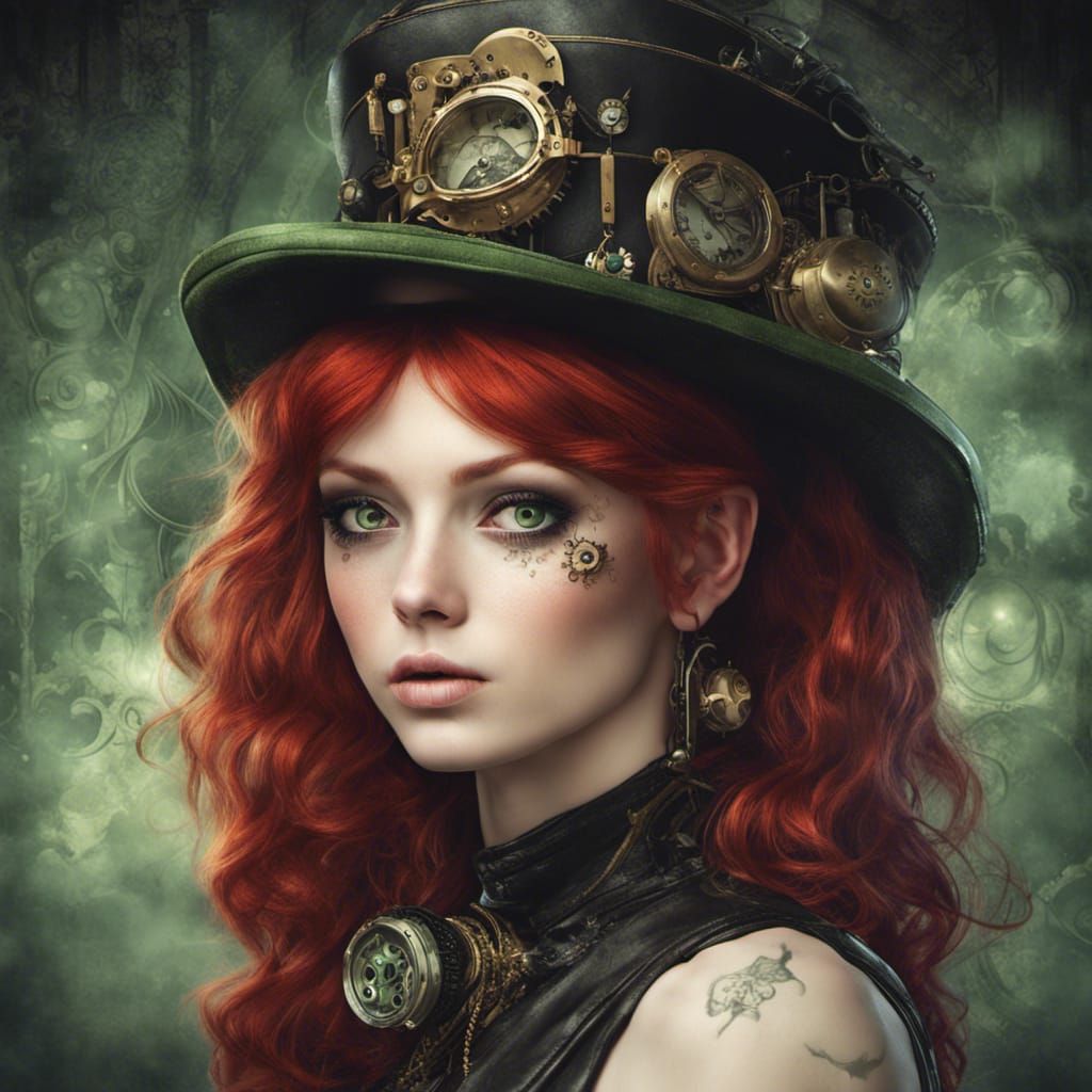 Enchanting Steampunk Girl Portrait with Red and Black Hair