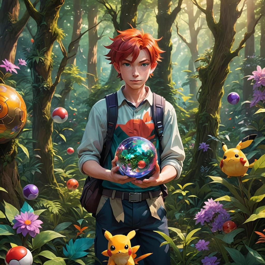 Red-Haired Pokémon Trainer in Vibrant Forest, Digital Portra...